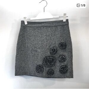 Ann Taylor Loft  Petites Gray Black Tweed Rosette Lined Skirt 4P Wool Blend